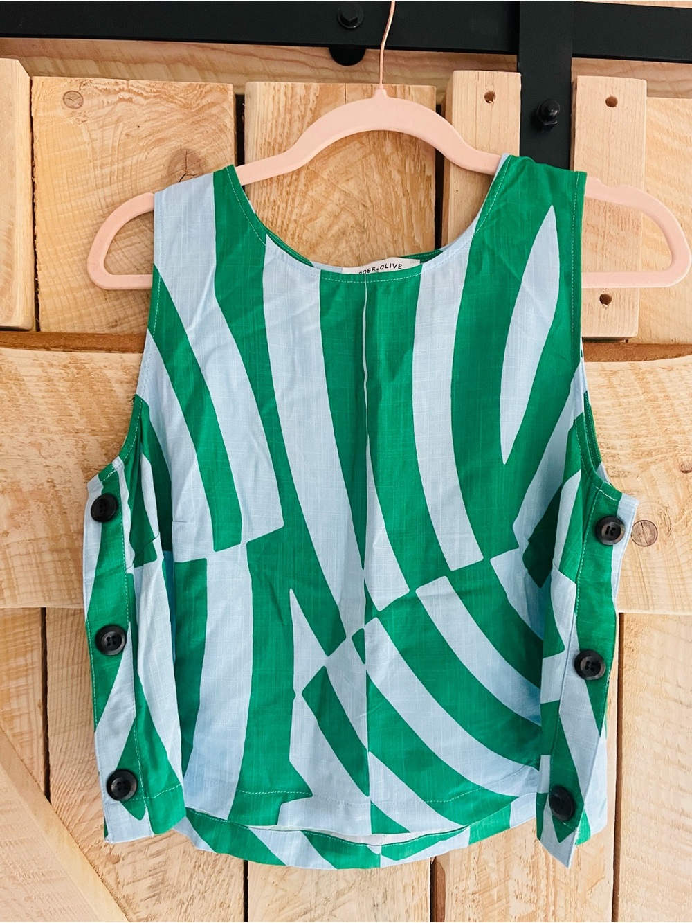Rose & Olive Green and Light Blue Patterned Button-Side Tank